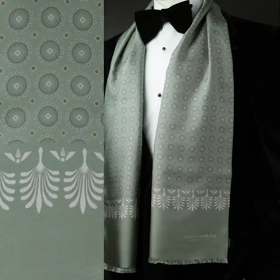 Thumbnail: Palms and Bees Olive Green silk pin fringe scarf