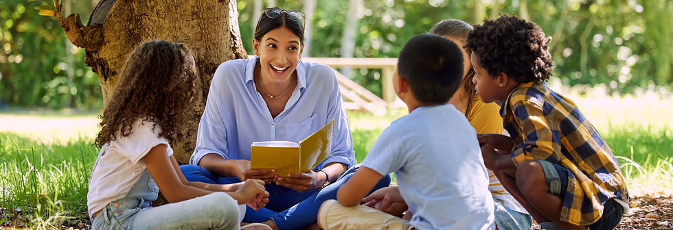 Teacher reading, tree or children with book for learning development, storytelling or grow