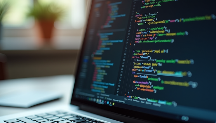 Close-up view of a laptop screen showing coding and notes in a home office setting
