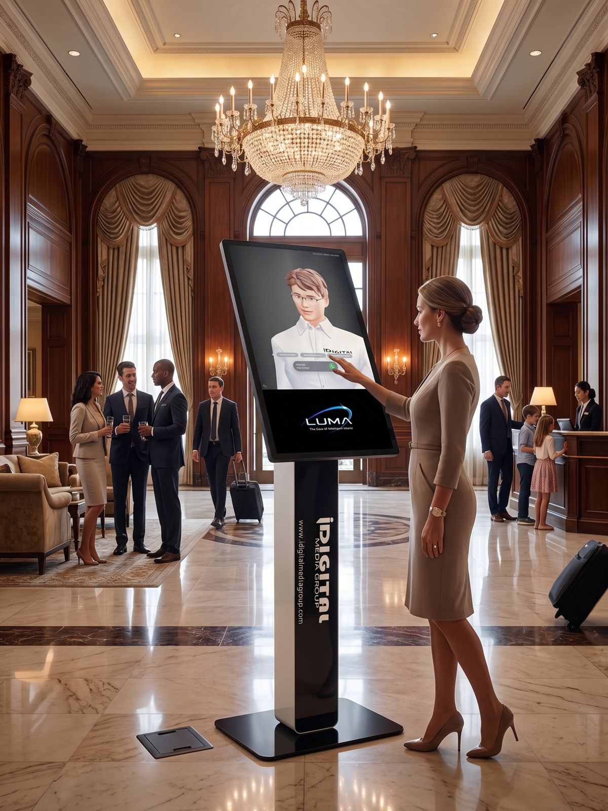 Guest using a Luma AI concierge kiosk in a hotel lobby