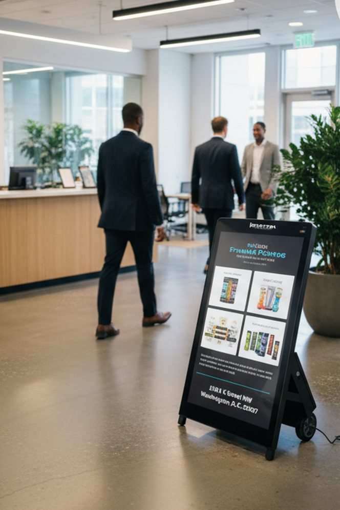 i-Frame digital poster in a corporate office lobby