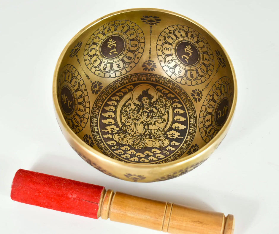 Klangschale Herz - 590 gr. 15 cm - Lasergravur - Weiße Tara - Meditation - Video/MP3