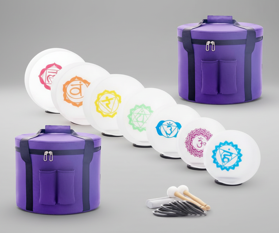 Kristallklangschalen 7er Set Quarz-Kristall 432 Hz - Chakra Set - Therapie