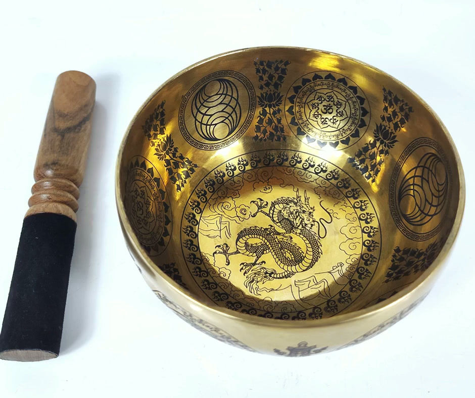 Klangschale Laser Gravur - Drache Herzschale 515 gr. 15 cm - Meditation Therapie - Video MP3