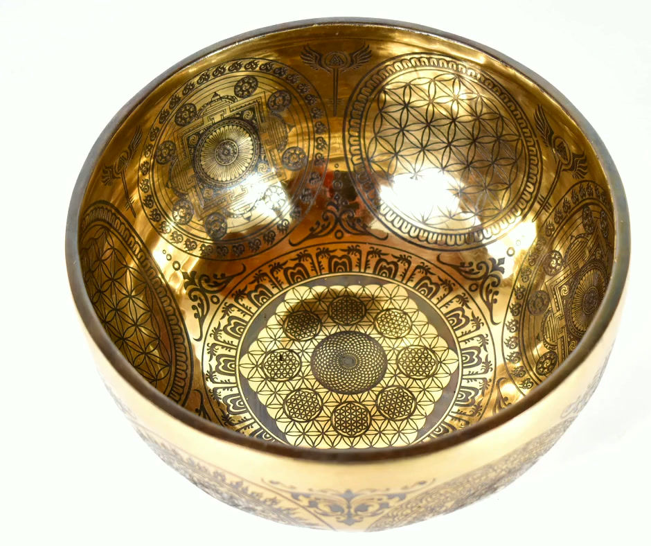 Klangschale Bauch - Lasergravur - Blume des Lebens - 1445 gr. 21 cm - Therapie - Video/MP3