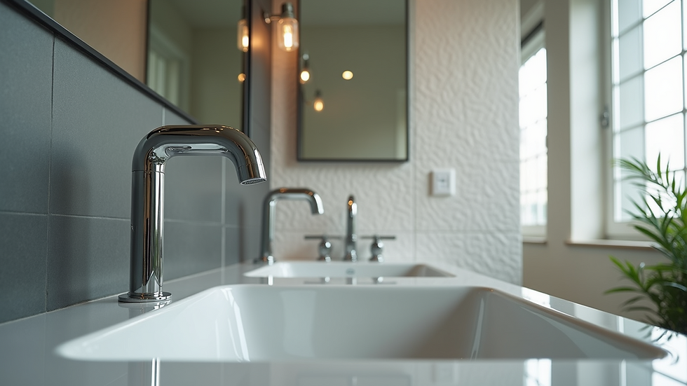 Eye-level view of a modern bathroom with sleek fixtures and tiled walls