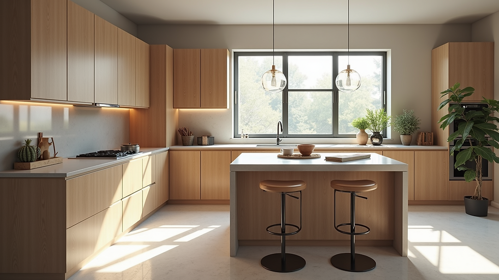 High angle view of a modern kitchen with elegant cabinetry and natural light