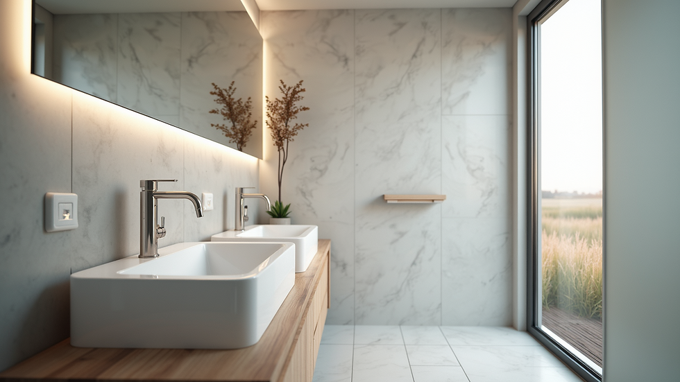 Close-up view of a newly renovated bathroom with modern fixtures and tiles