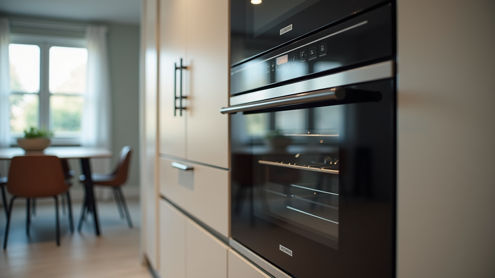 Close-up view of built-in smart oven and refrigerator in a modern kitchen