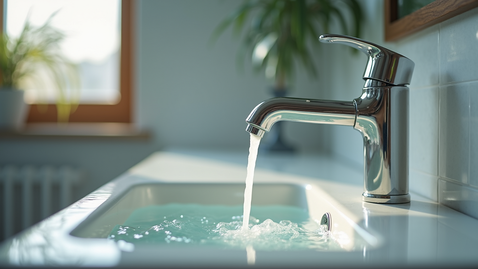 Close-up view of bathroom sink faucet with water running