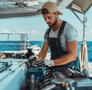 Man working on boat with ocean in background