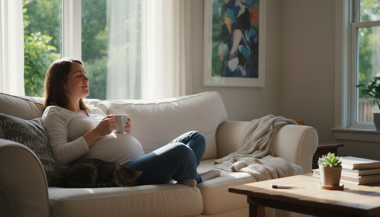 Eye-level view of a pregnant person resting at home near a bright window.
