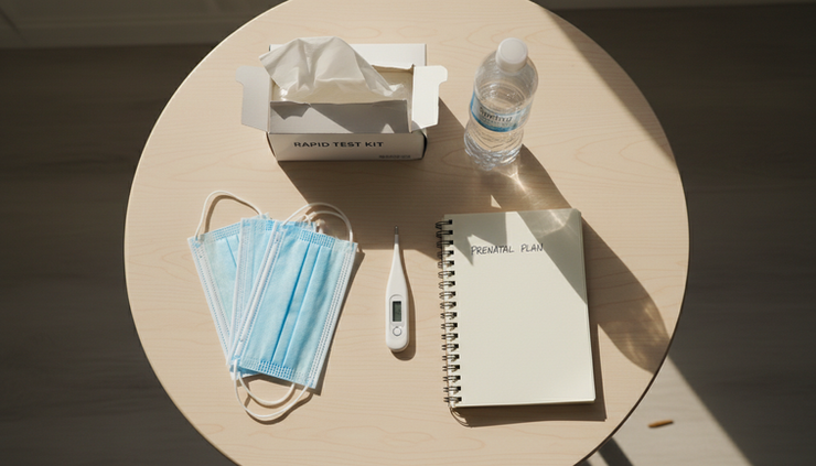 Overhead view of a small home care kit with masks, water and a thermometer.
