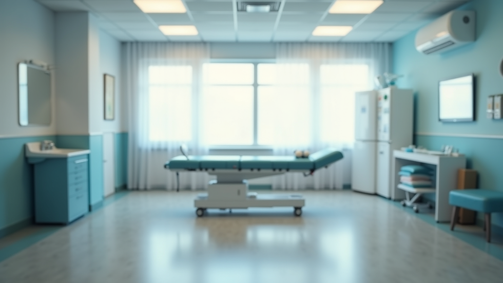 Eye-level view of physiotherapy clinic room with treatment table