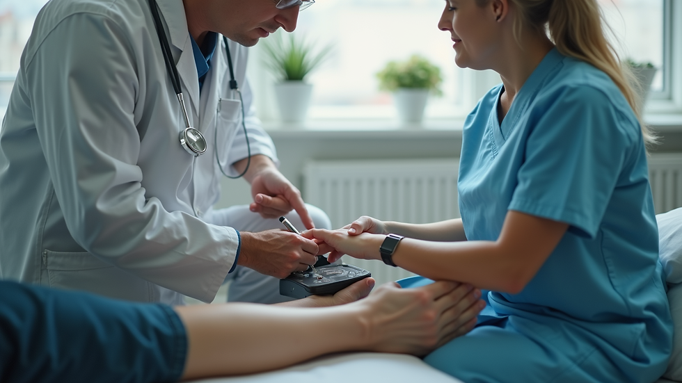 Close-up view of physiotherapist measuring patient's leg mobility
