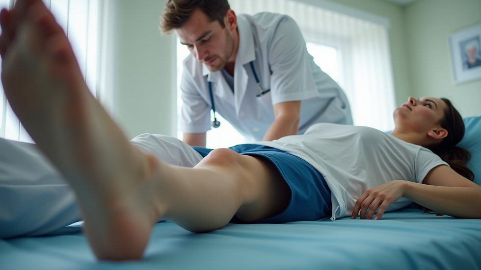 Eye-level view of a physiotherapist assisting a patient with leg exercises