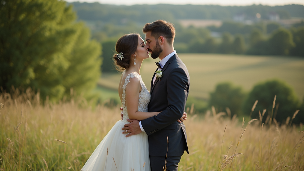 High angle view of a couple in wedding attire posing at a picturesque outdoor venue
