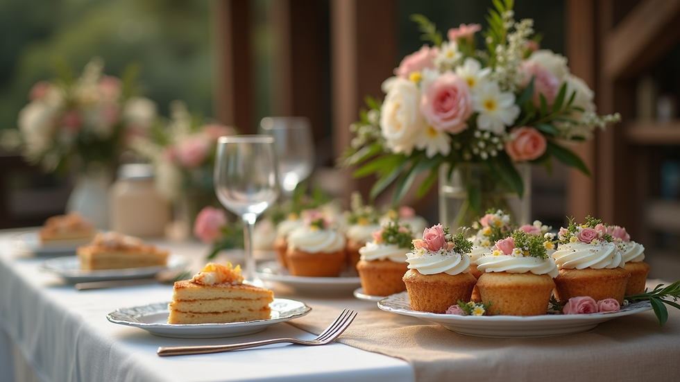 Eye-level view of a rustic wedding dessert table decorated with flowers
