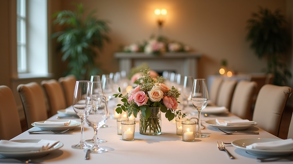 Eye-level view of a wedding reception table set up with floral centerpieces