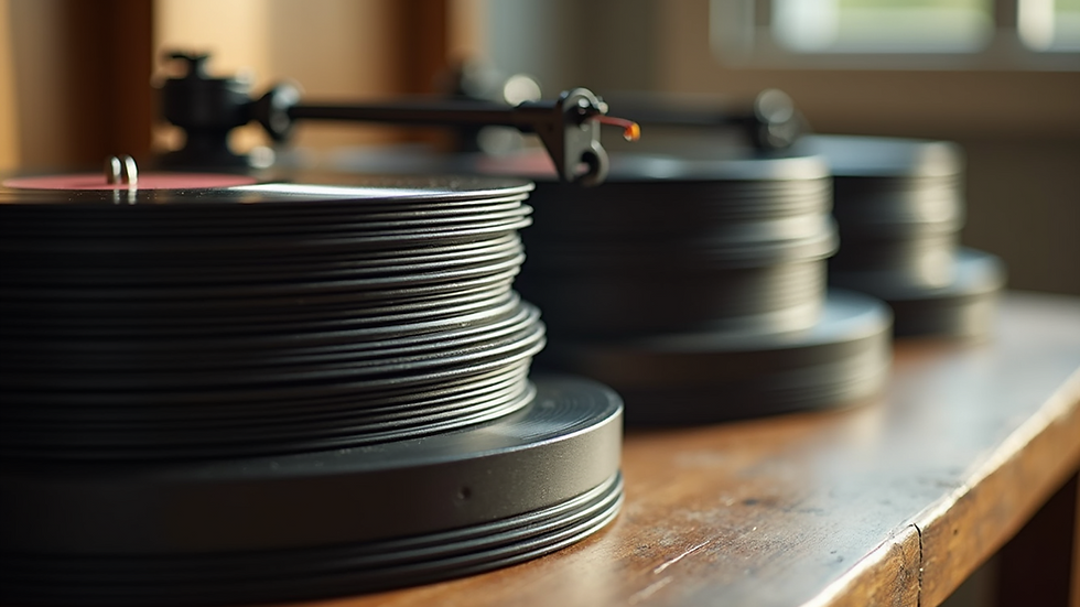 Close-up view of vinyl records stacked on a wooden table