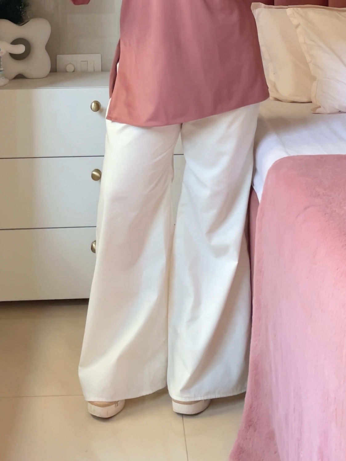 Cream Cotton Flared Pants