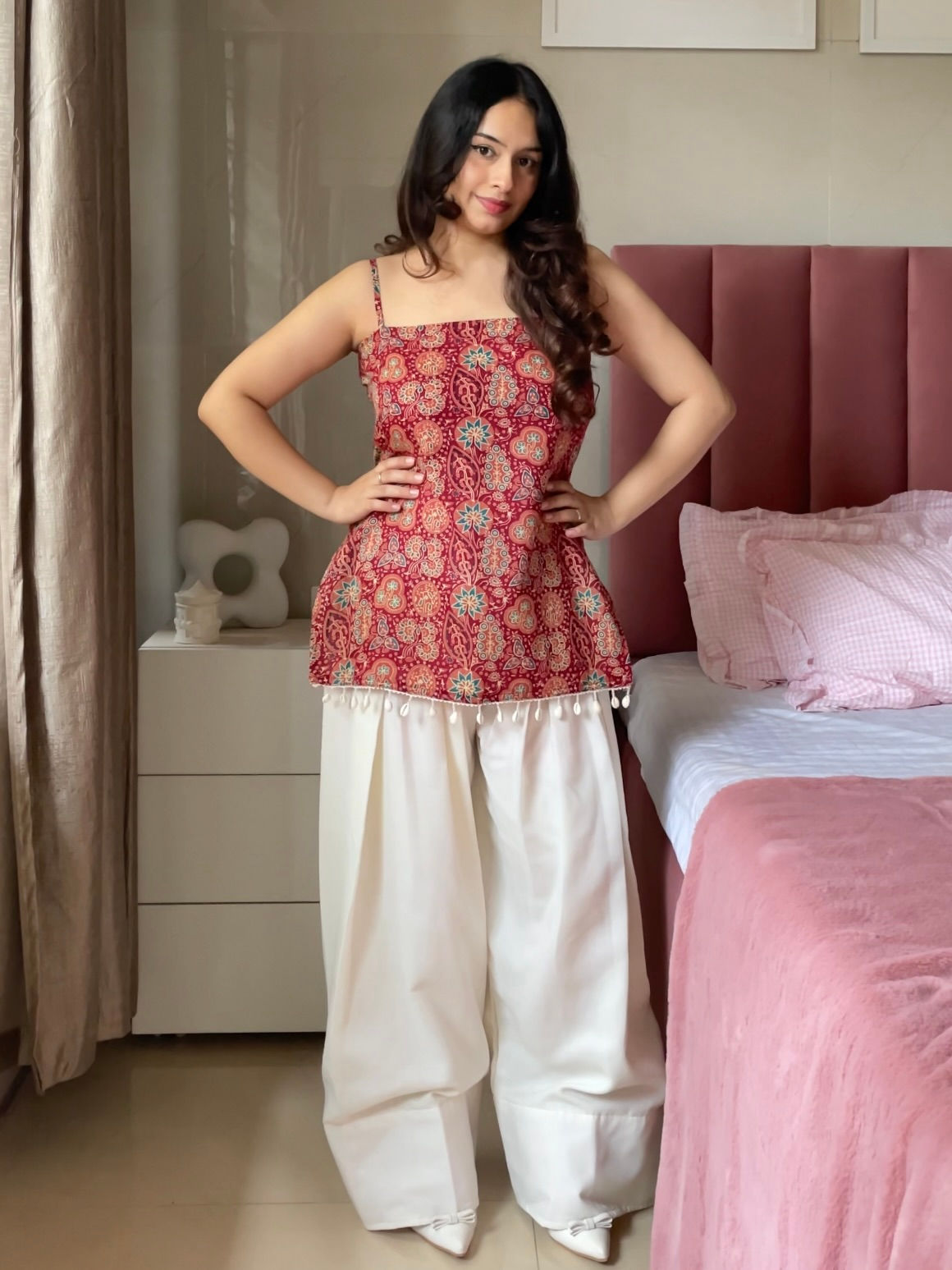 Red Cotton Sleeveless Shell Short Kurti