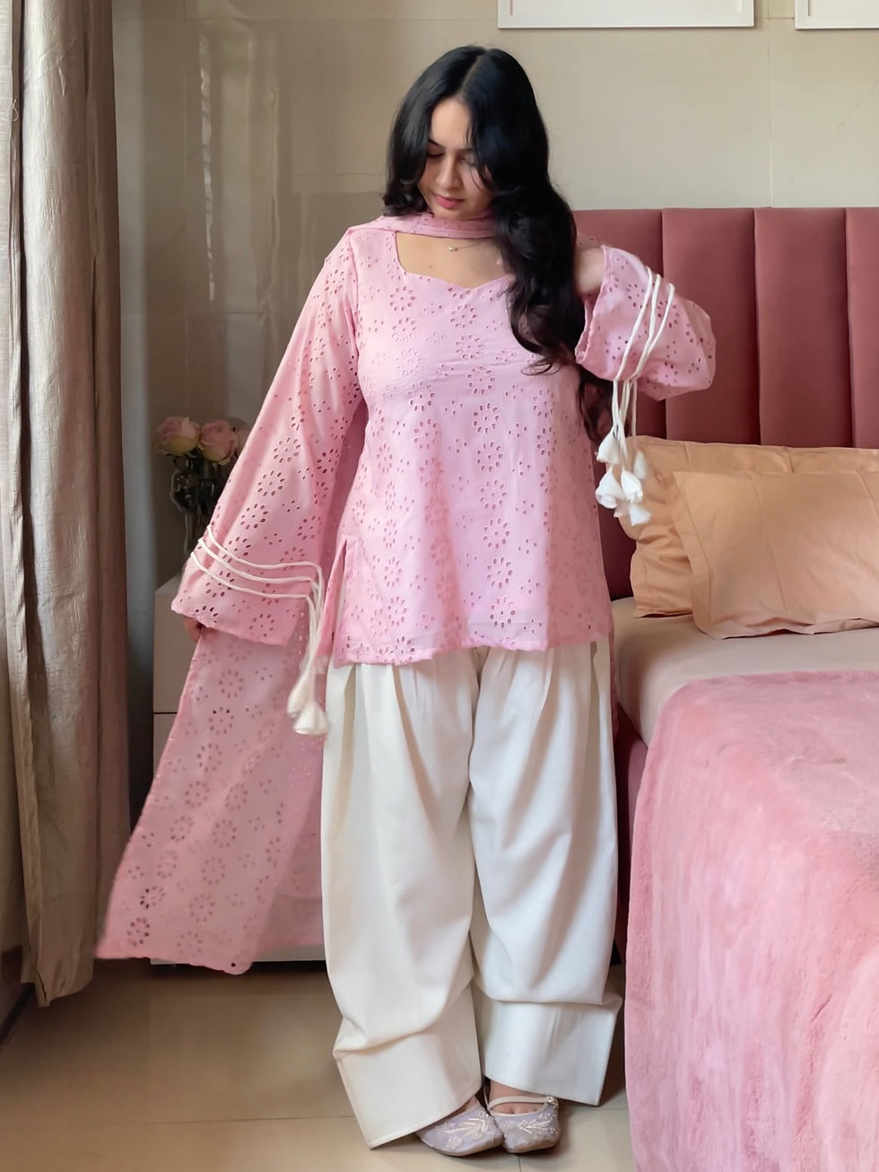 Thumbnail: Blush Schiffli Pankhuri Farshi Suit Set (Fast Shipping)