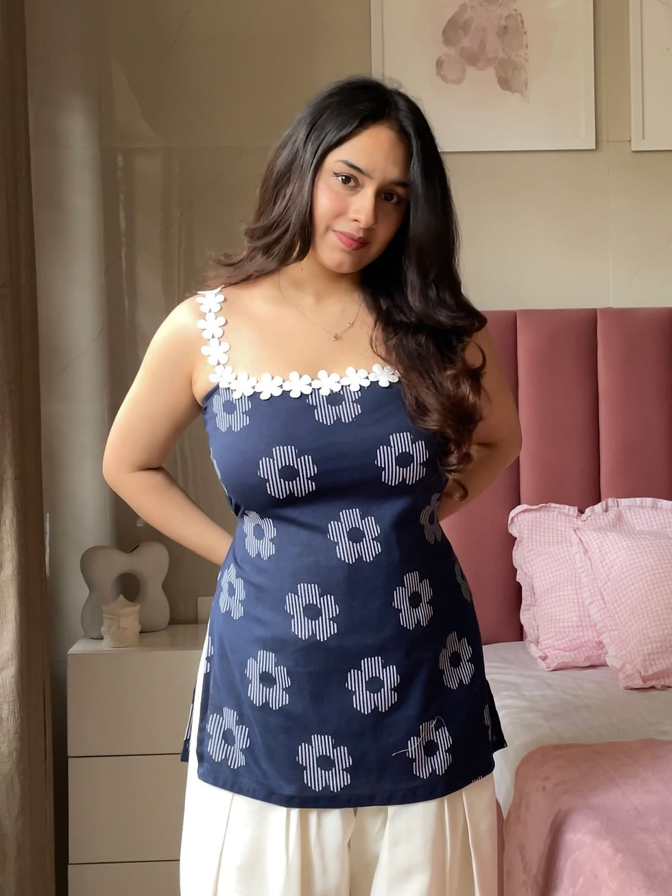 Thumbnail: Navy Blue Linen Flower Lace Kurti 