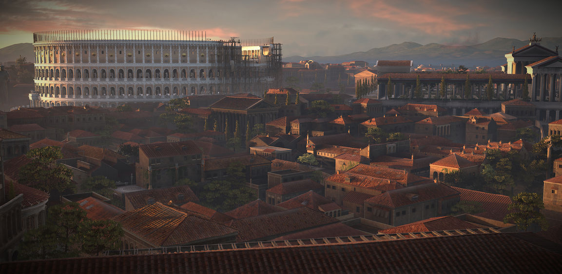 Ancient Roman arena 3D environment built in Unreal Engine 5 for a Peacock TV series with an LED wall displaying a real-time Unreal Engine 5 environment for a feature film.