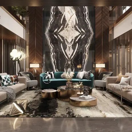 An ultra luxury triple height living room with italian bookmatch marble, fluted glass, fluted veneer, luxurious furniture and a large chandelier