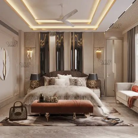 Calming bedroom retreat featuring a neutral color palette and bespoke furnishings