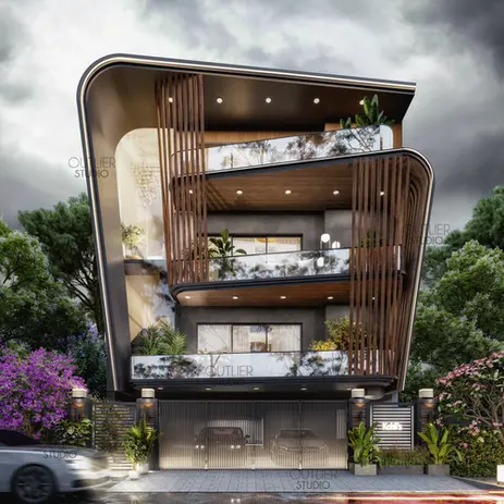 Exterior elevation of a modern structure, highlighting the unique architectural features