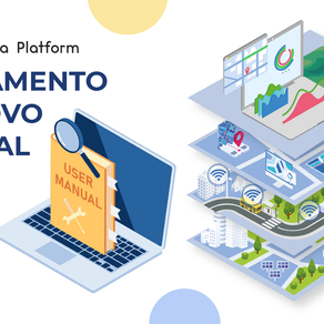 Imagem promocional do lançamento do novo manual do City as a Platform. À esquerda, vê-se um computador portátil com um manual de utilizador ("User Manual") e uma lupa sobre ele. À direita, uma ilustração em camadas de uma cidade inteligente digital, com gráficos, mapas, sensores e infraestrutura conectada por tecnologia. No topo, lê-se "LANÇAMENTO DO NOVO MANUAL"