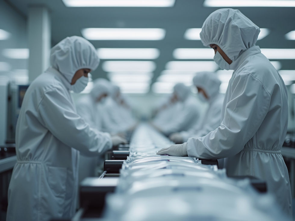 Close-up view of white label nicotine pouches arranged in a production line