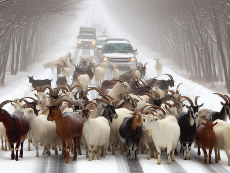 Goats trend on Tolman Road as news spreads among herd of bountiful late-winter salt lick at foot of driveway