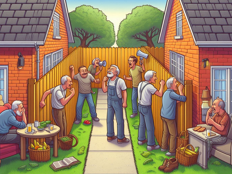 Neighbour’s latest home improvement prompts lively, necessarily loud philosophical debate over difference between fence, wall