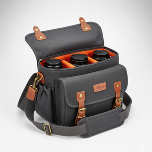 Gray camera bag with open flap, revealing three black lenses inside. Orange interior, leather accents, and Nikon logo visible. Neutral background. Product Photography, Amazon photoshoot, Bag Product Photography.