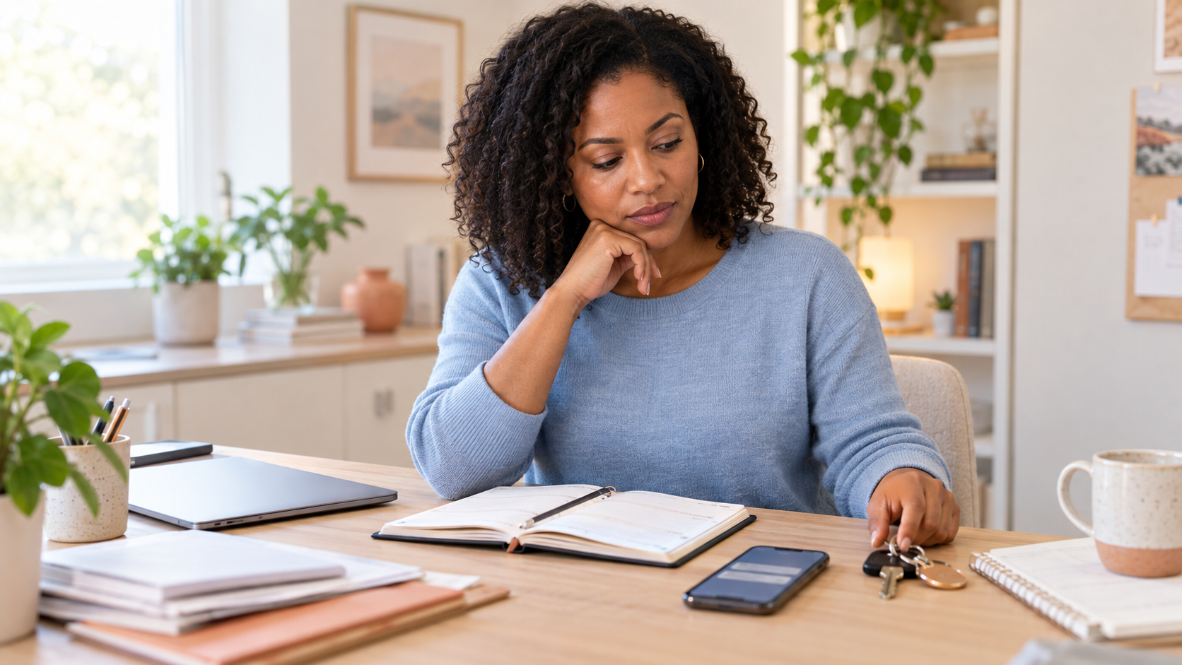 A woman sitting at a desk with a notebook, keys, and a phone.