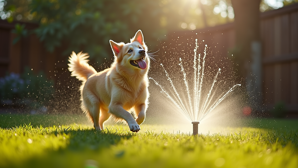 High angle view of a dog playing in a shaded backyard with a water sprinkler