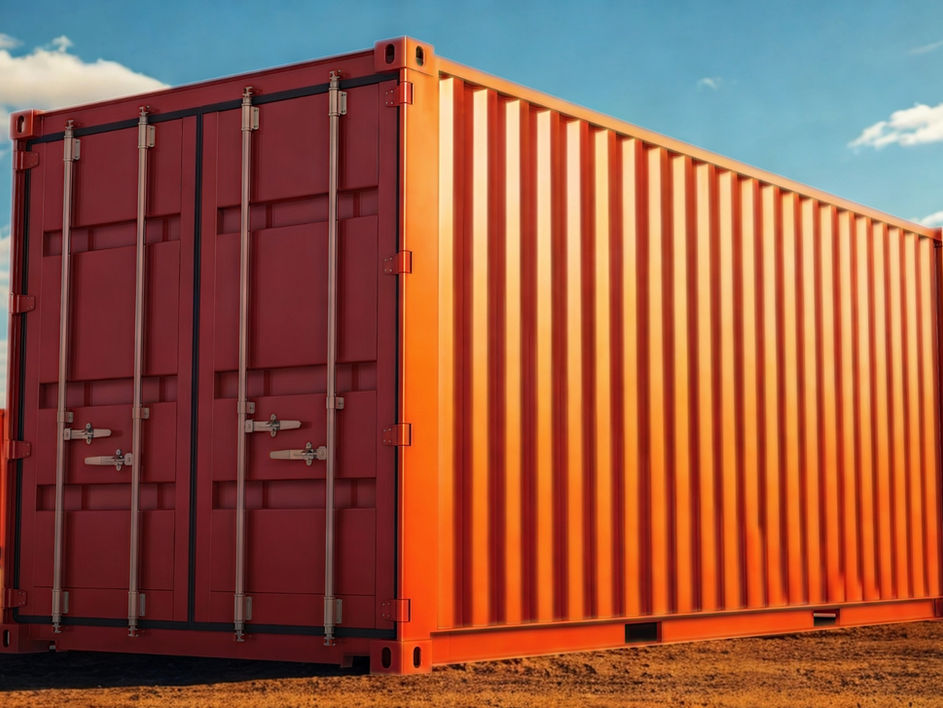 Red 20' Conex shipping container outdoors.