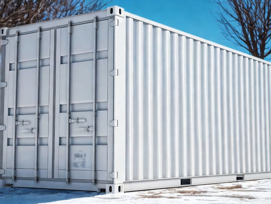White 20ft shipping container in a snowy outdoor area