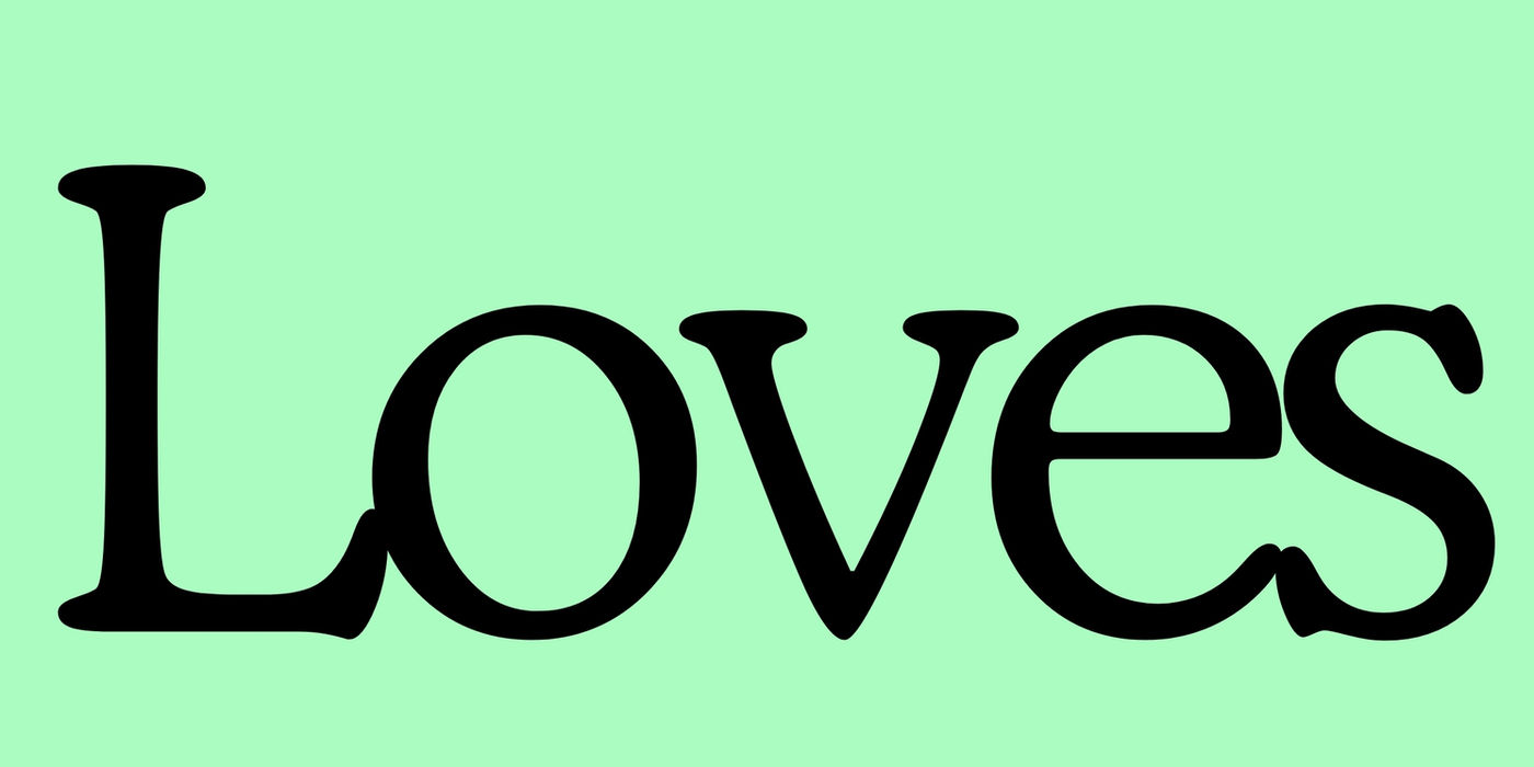 The word Loves in black serif font on a green background