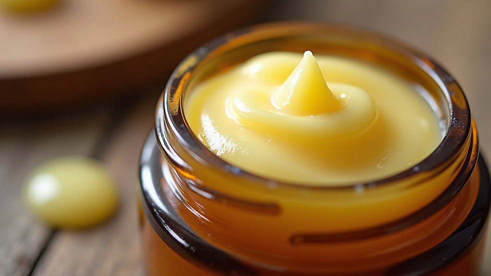 Close-up view of creamy tallow balm in a small jar