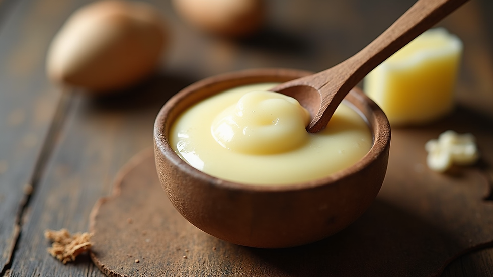 Eye-level view of a small bowl of whipped tallow with a wooden spoon