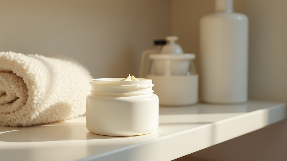 Eye-level view of a jar of natural cream deodorant on a bathroom shelf