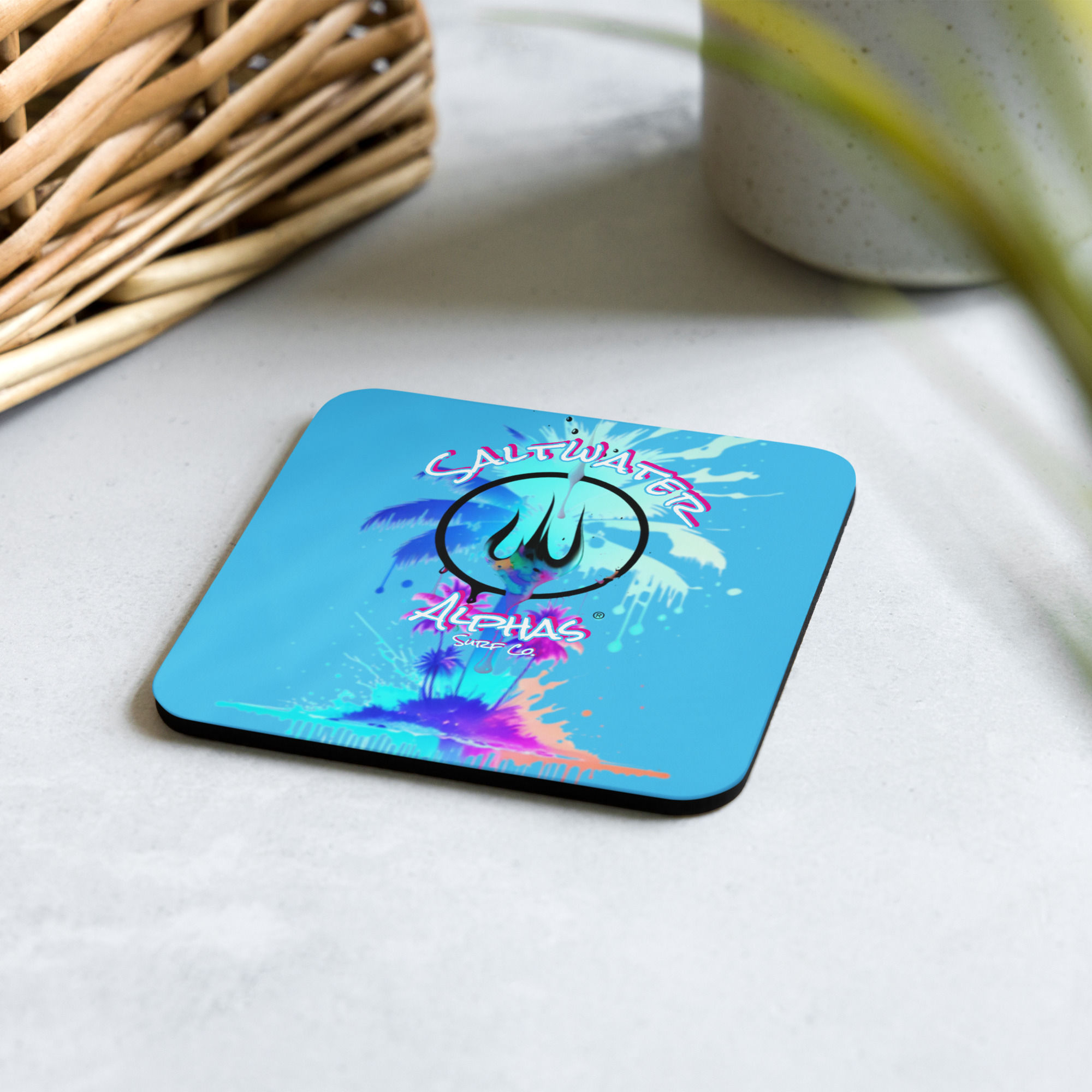 Saltwater Alphas Trident Palms Cork-Back Coaster