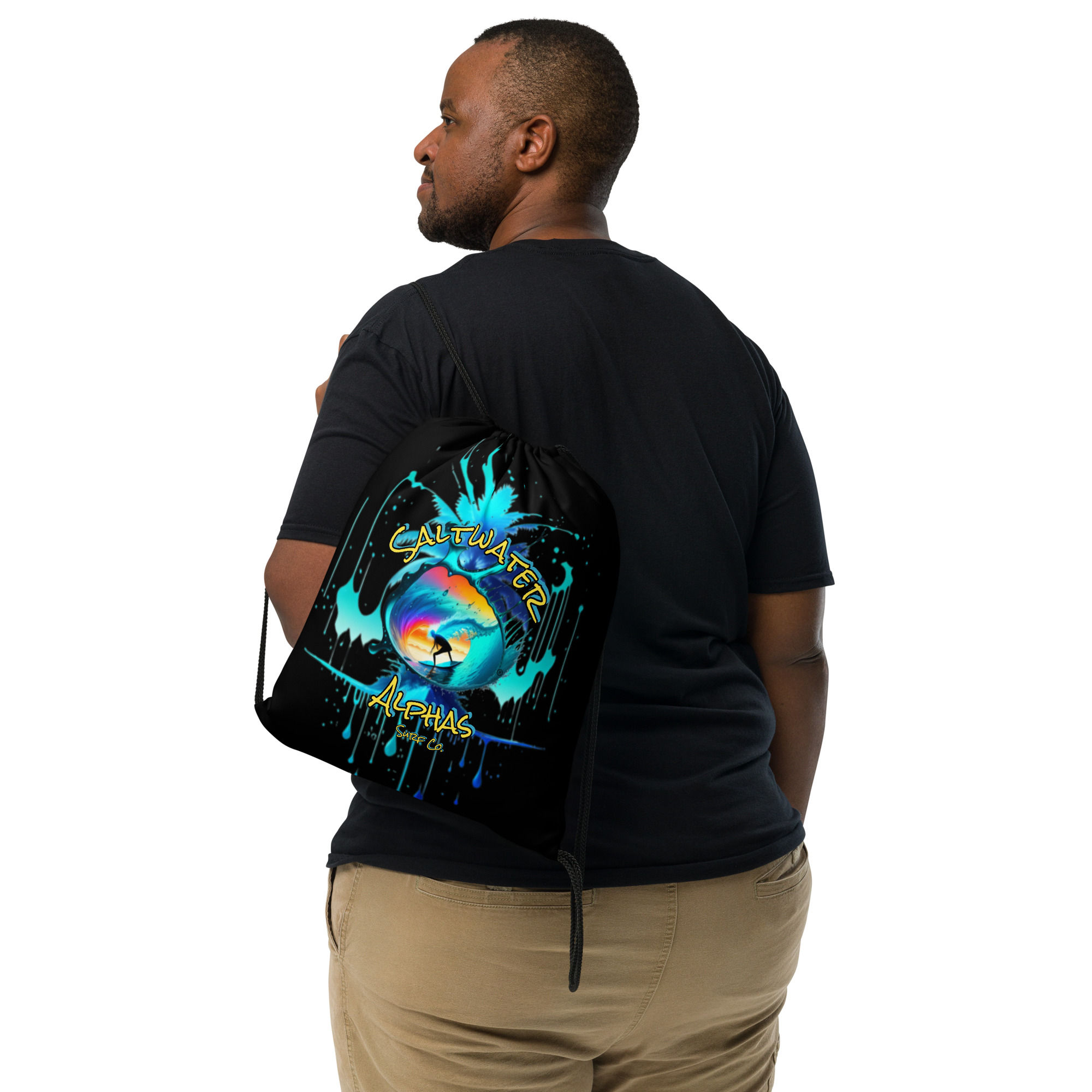 Saltwater Alphas Blue Surfer Drawstring Bag