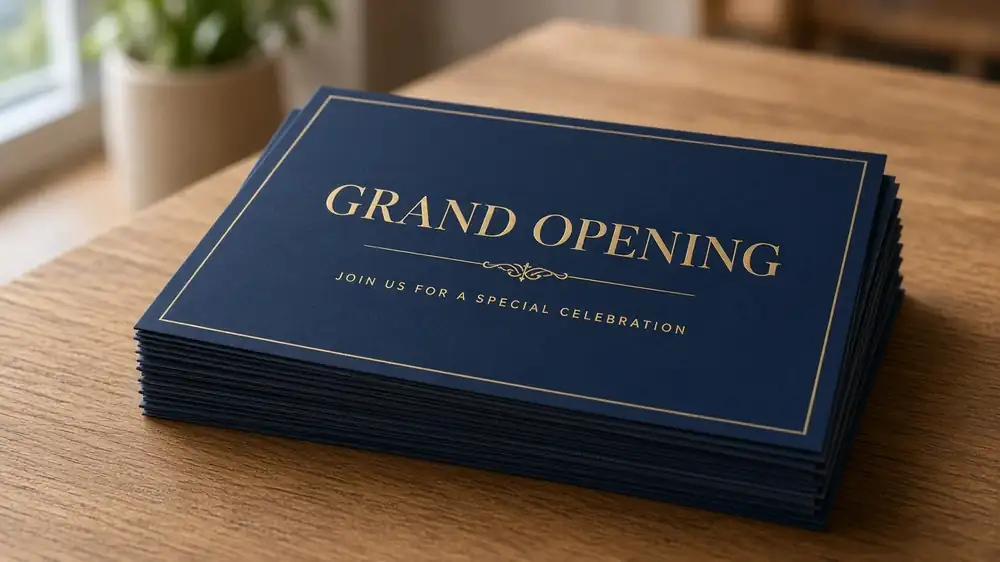 Navy and gold 'Grand Opening' flyers for a sample business fanned out on a table