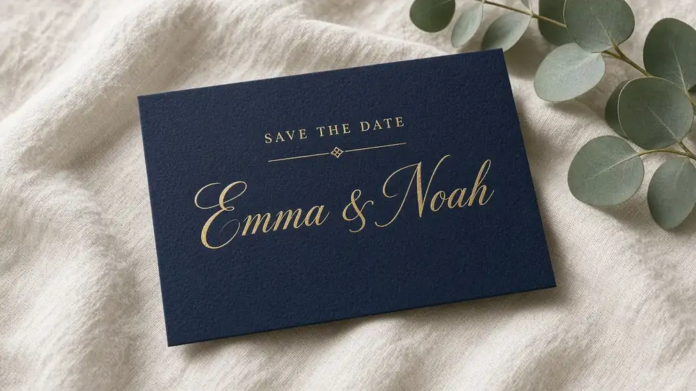 'Save the Date' card on linen with eucalyptus leaves