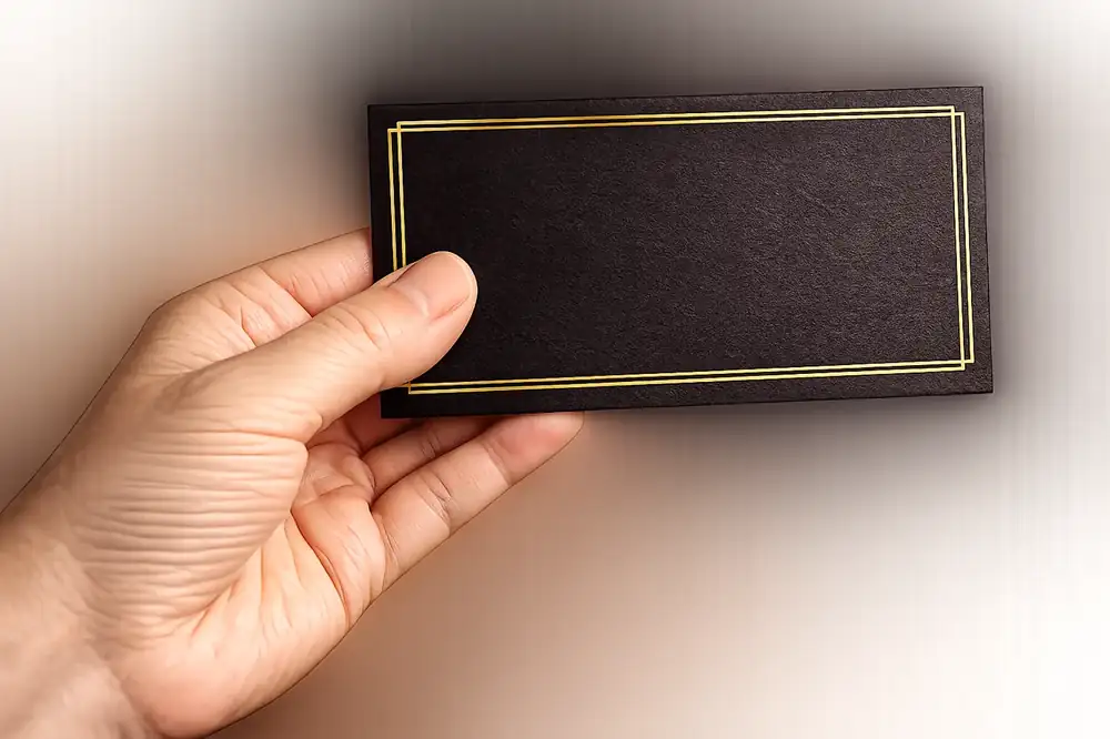 Hand holding a black business card with a gold foil border
